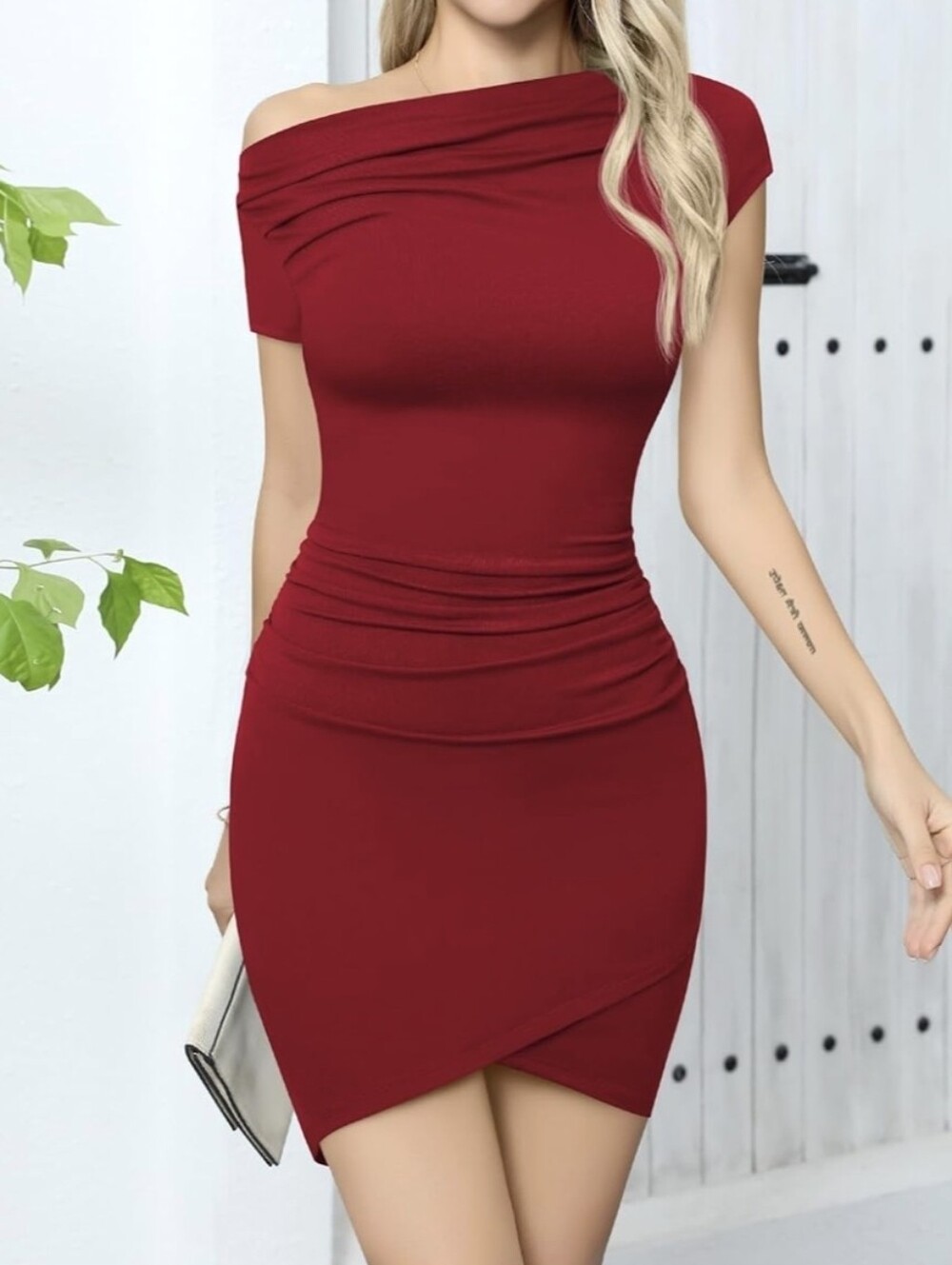 Missufe Brand Red Ruched Off Shpulder Bodycon Dress